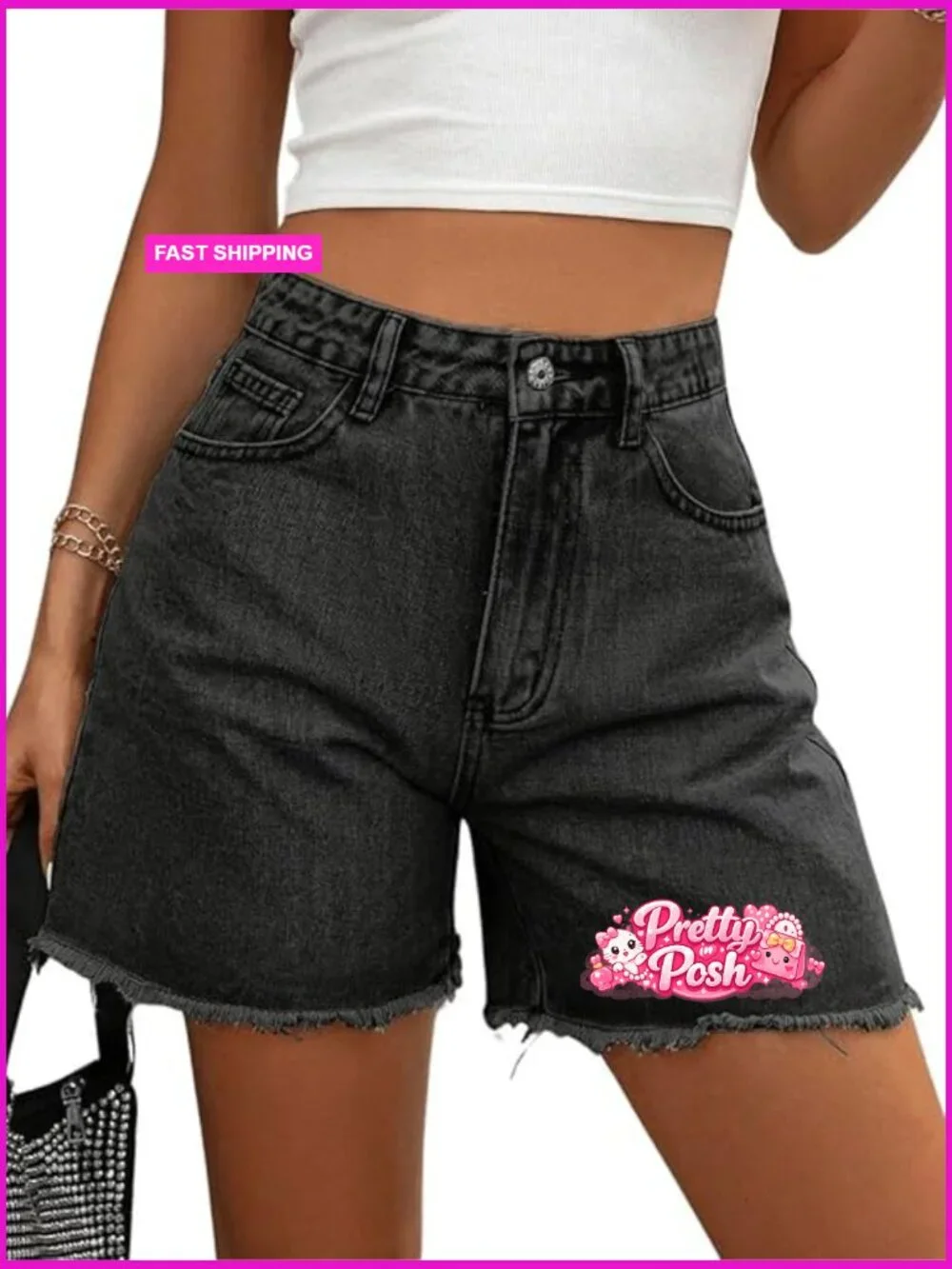Baggy High Waisted Jean Shorts Raw Hem Straight Leg Denim